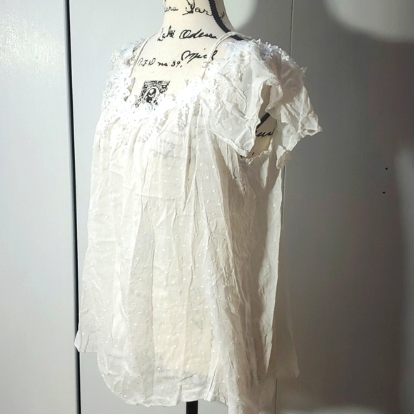 Womens White Swiss dot semi Sheer Crochet Detail Ruffle Off ShoulderTop Sz.Large - Picture 3 of 6